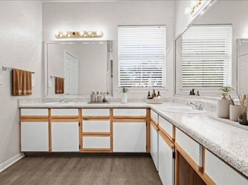 A bathroom with a sink and a mirror